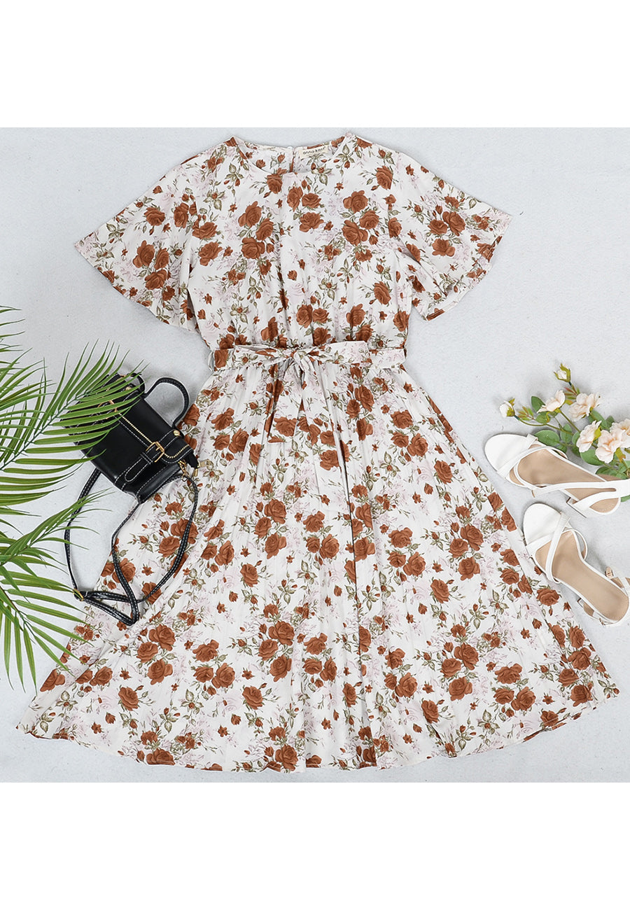 Round Neck Floral Pleated Dress