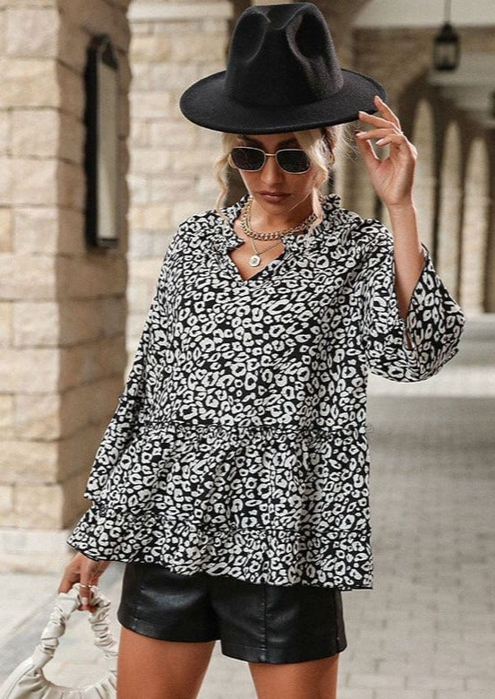 Ruffle Hem Leopard Print Blouse