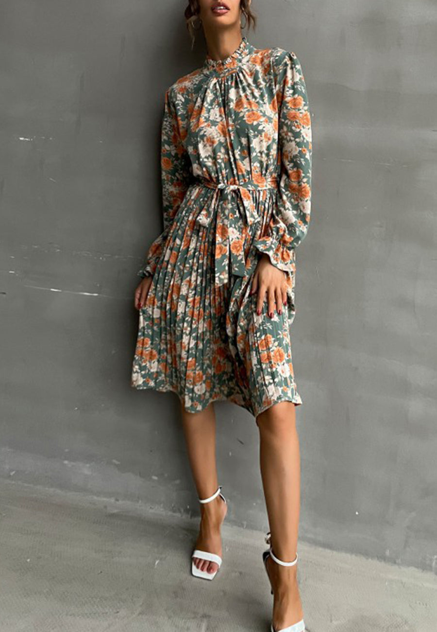 Tie Waist Pleated Floral Dress