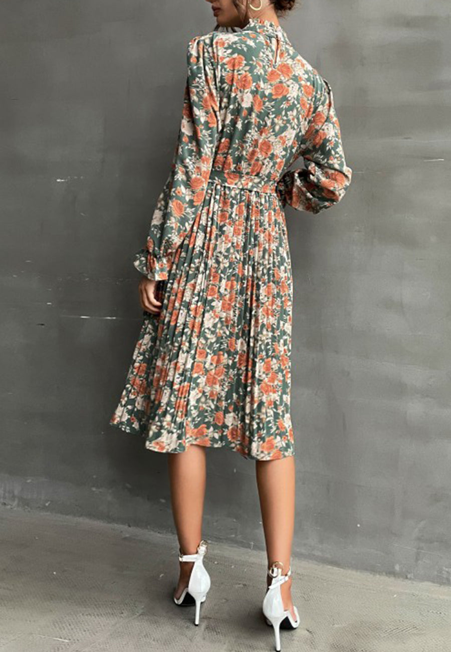 Tie Waist Pleated Floral Dress