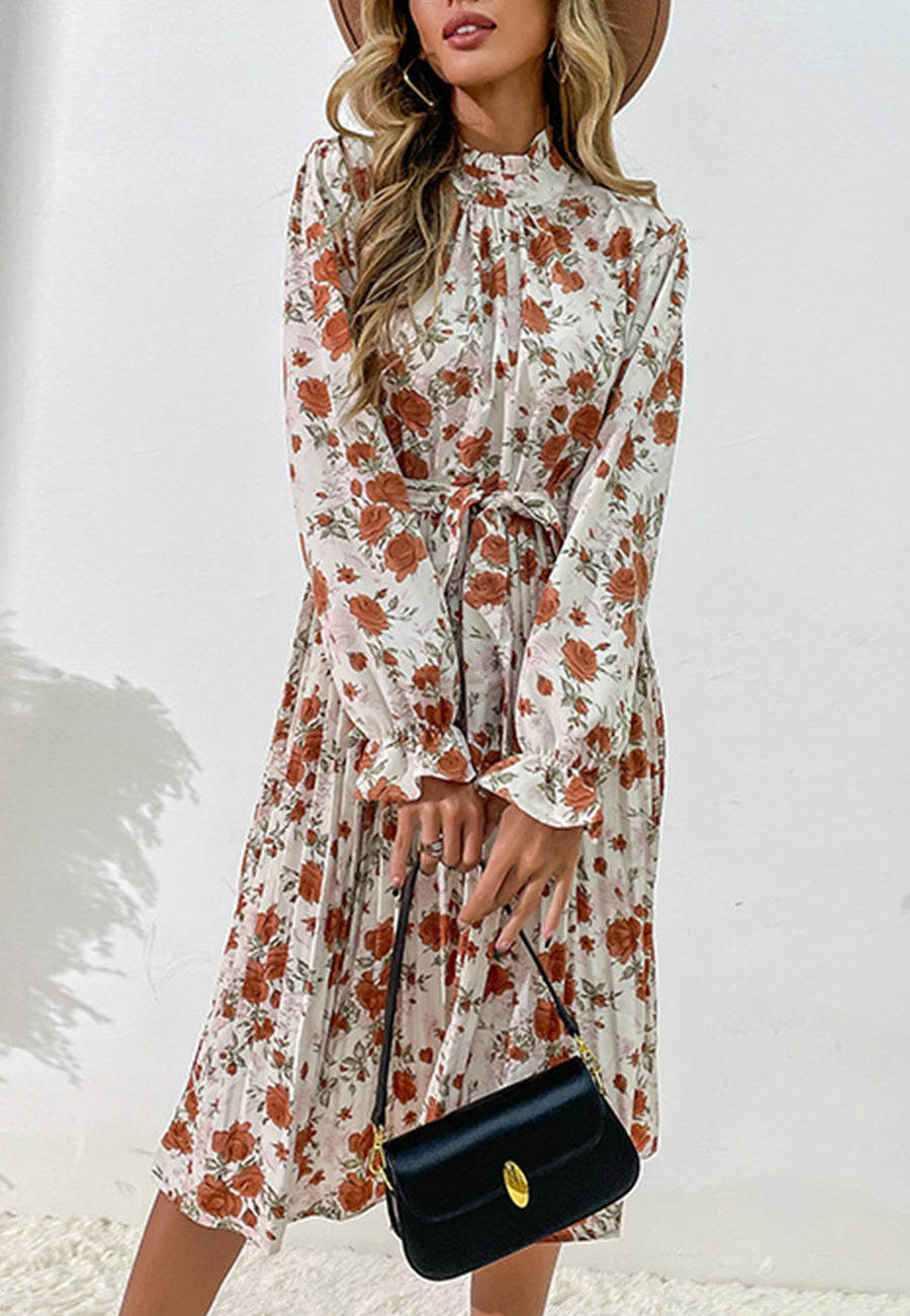 Tie Waist Pleated Floral Dress