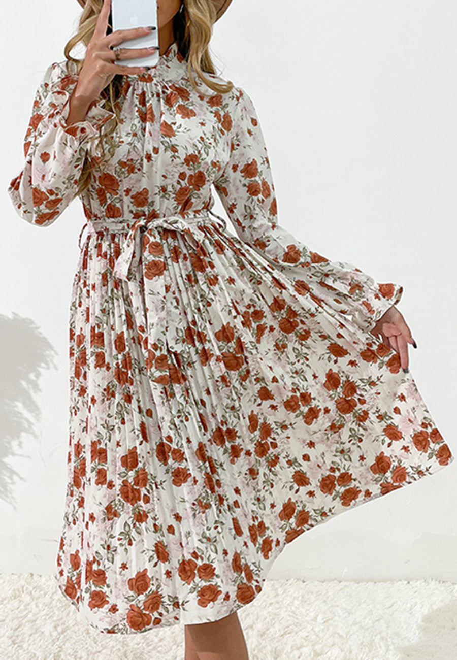 Tie Waist Pleated Floral Dress