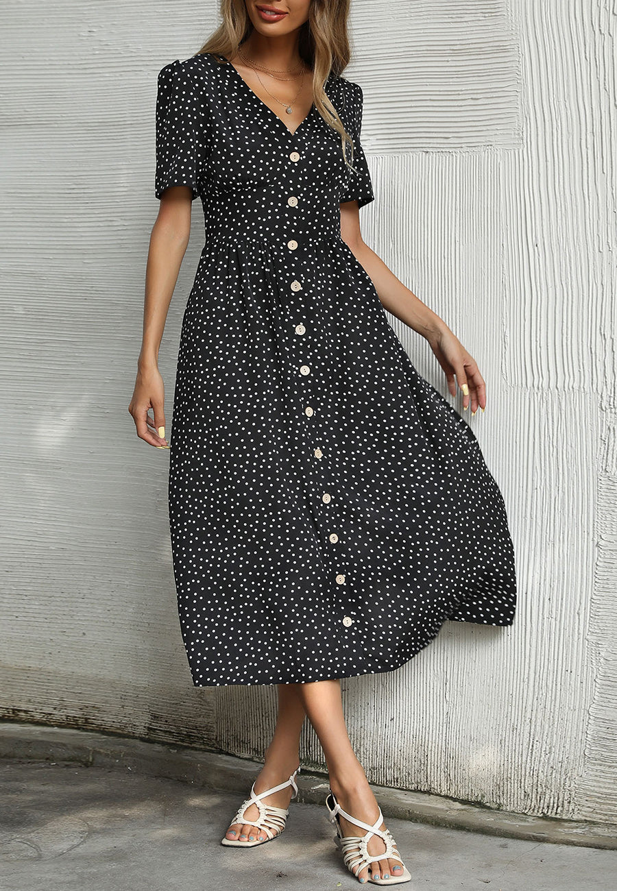 Polka Dot Button Casual Dress