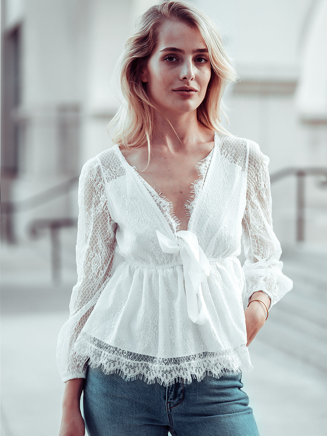 Plunge Neck Lace Detail Blouse