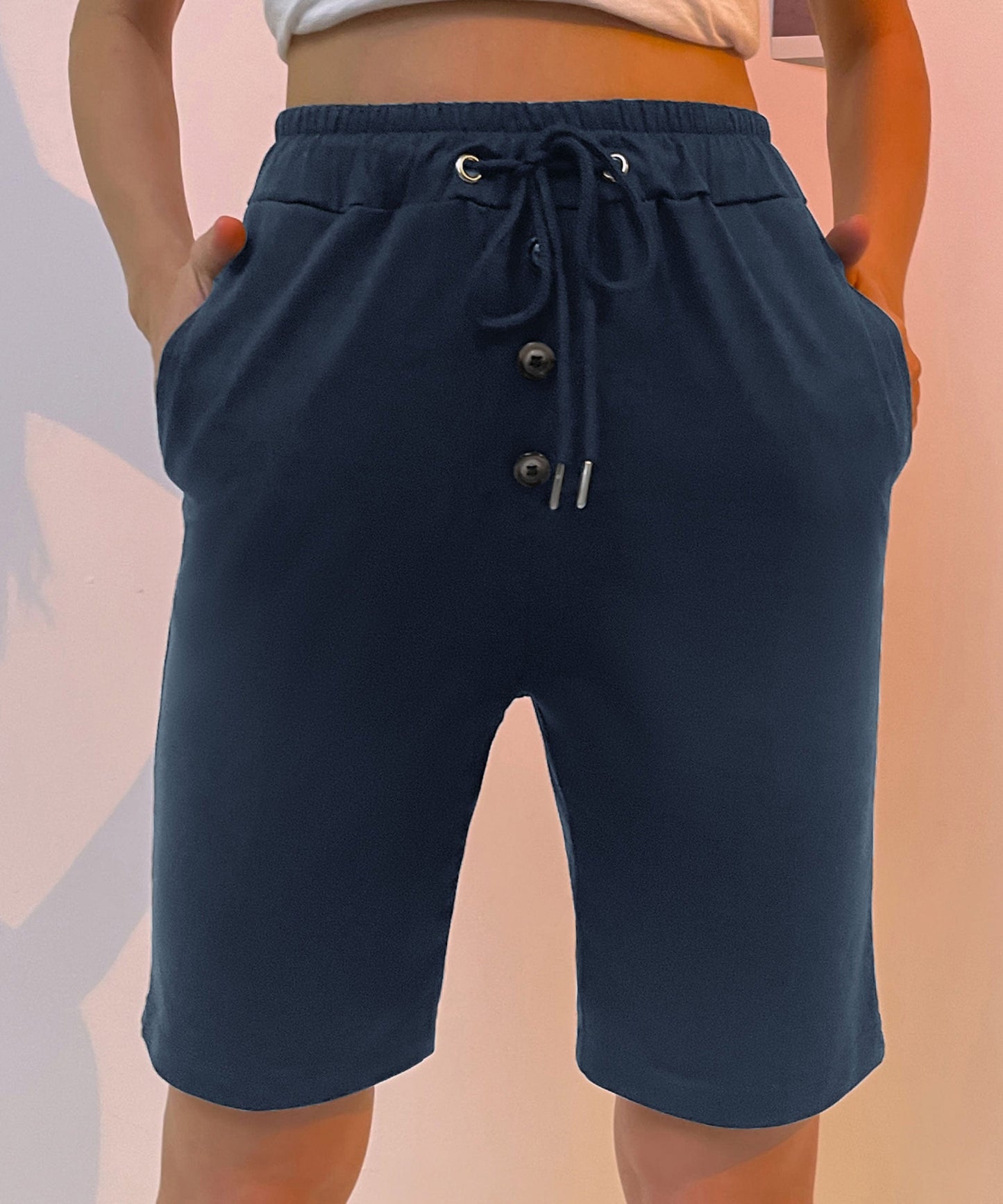 Solid Drawstring Bermuda Shorts