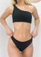 Ribbed One Shoulder High Waisted Bikini Set - Black