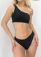 Ribbed One Shoulder High Waisted Bikini Set - Black