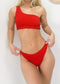 Ribbed One Shoulder High Waisted Bikini Set - Red