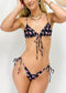 Adjustable Triangle Front Bow Thong Bikini Set - Black Pink Floral