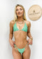 Micro Halter String Triangle Thong Bikini Set - Green & Beige Polka Dots