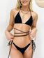 Halter Triangle String Wrap Tie Bikini Set - Black