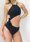 Halter High Rise Asymmetrical Tankini Set - Black