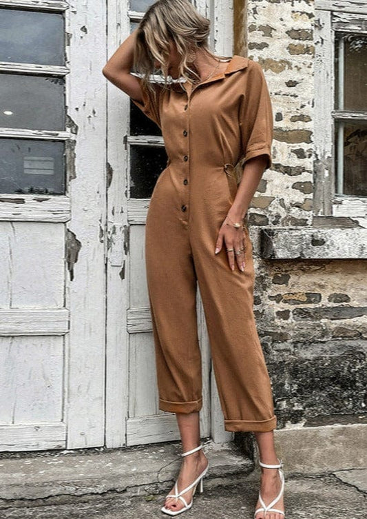 Solid Contrast Button Jumpsuit