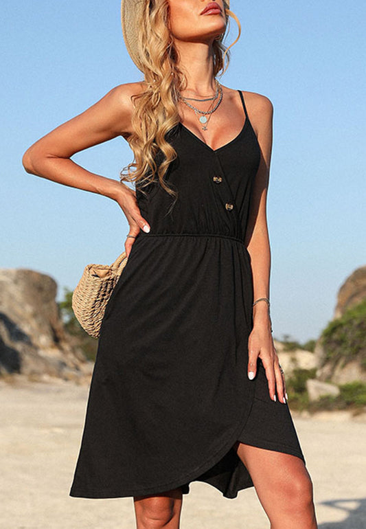 V Neck Button Overlap Dress