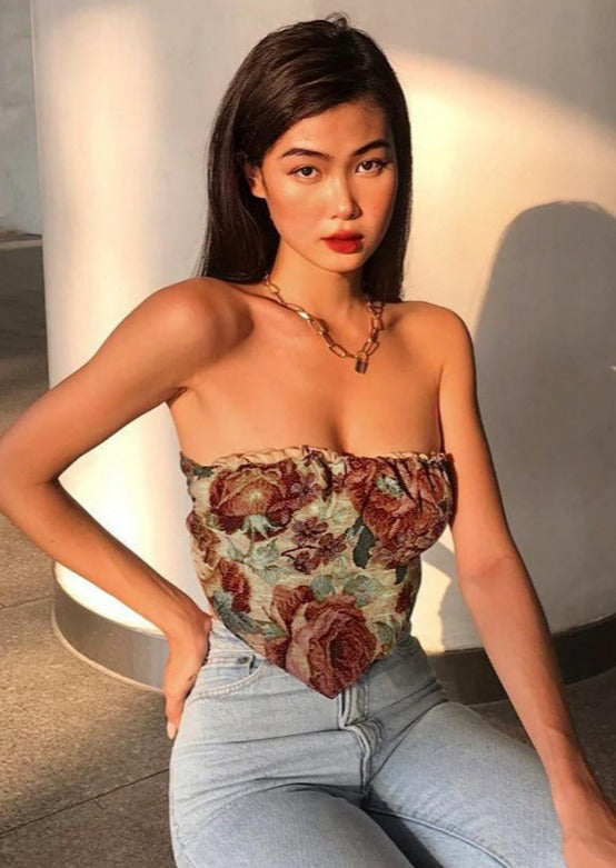 Novelty Floral Jacquard Strapless Asymmetrical Top
