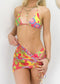 Halter String Triangle Cheeky Bikini Set & Ruched Drawstring Mesh Skirt - Rainbow Multicolor