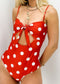 Polka Dot Bandeau Tie Cut Out One-Piece - Red White Polka Dot