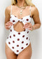 Polka Dot Bandeau Tie Cut Out One-Piece - White Brown Polka Dot