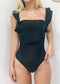 Ruffled Strap Square Neck One-Piece - Black