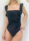 Ruffled Strap Square Neck One-Piece - Black