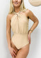 Ruched Crossover Halter Plunge Back One-Piece - Light Beige