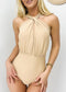 Ruched Crossover Halter Plunge Back One-Piece - Light Beige