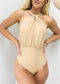 Ruched Crossover Halter Plunge Back One-Piece - Light Beige