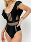 Ruffled Mesh Cut Out Low Back One-Piece - Black