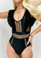 Ruffled Mesh Cut Out Low Back One-Piece - Black