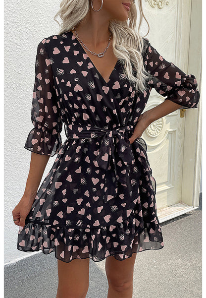 Heart Print Surplice Neck Dress