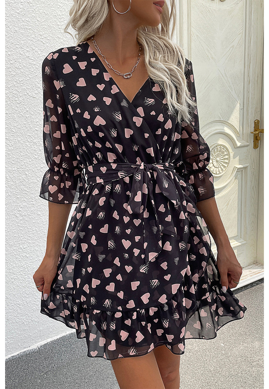 Heart Print Surplice Neck Dress