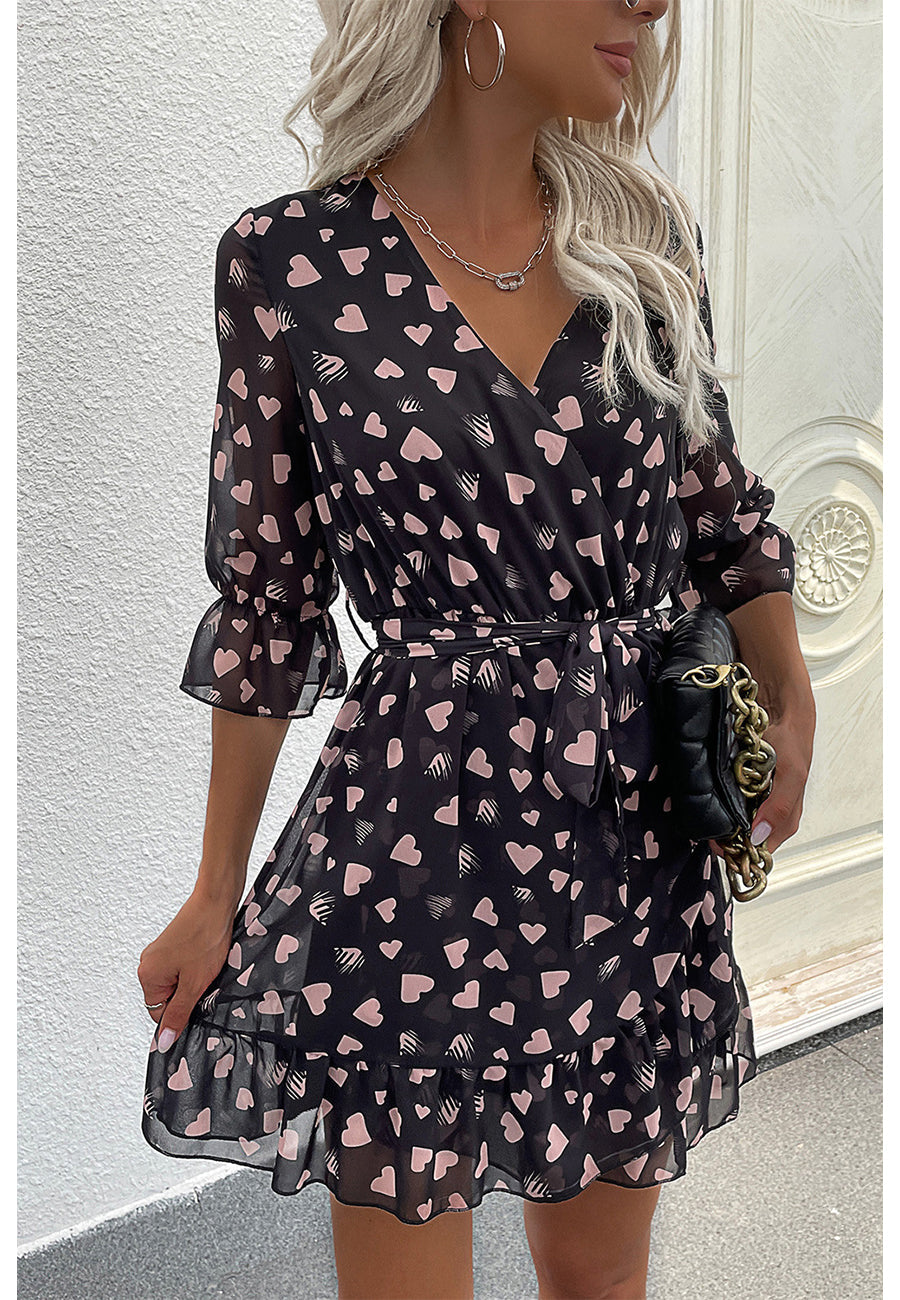 Heart Print Surplice Neck Dress