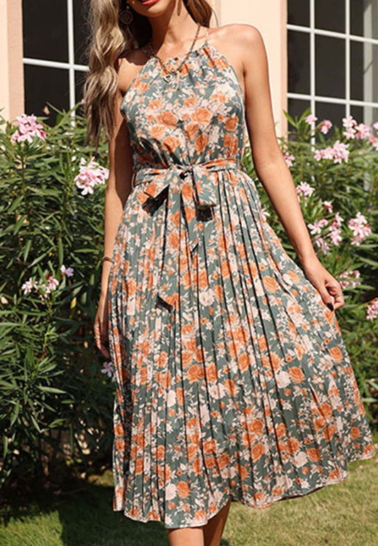 Vintage Floral Pleated Dress