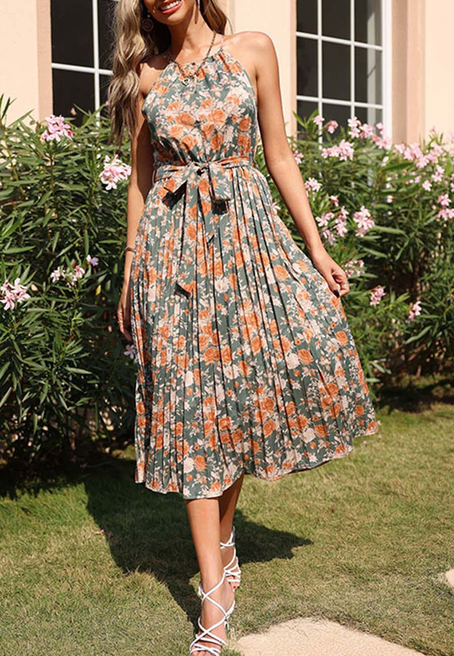 Vintage Floral Pleated Dress