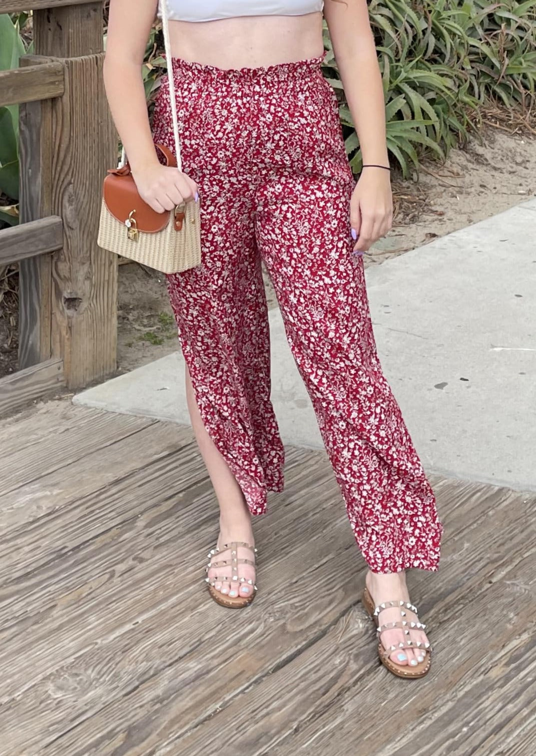 Shirred High Waist Floral Pants