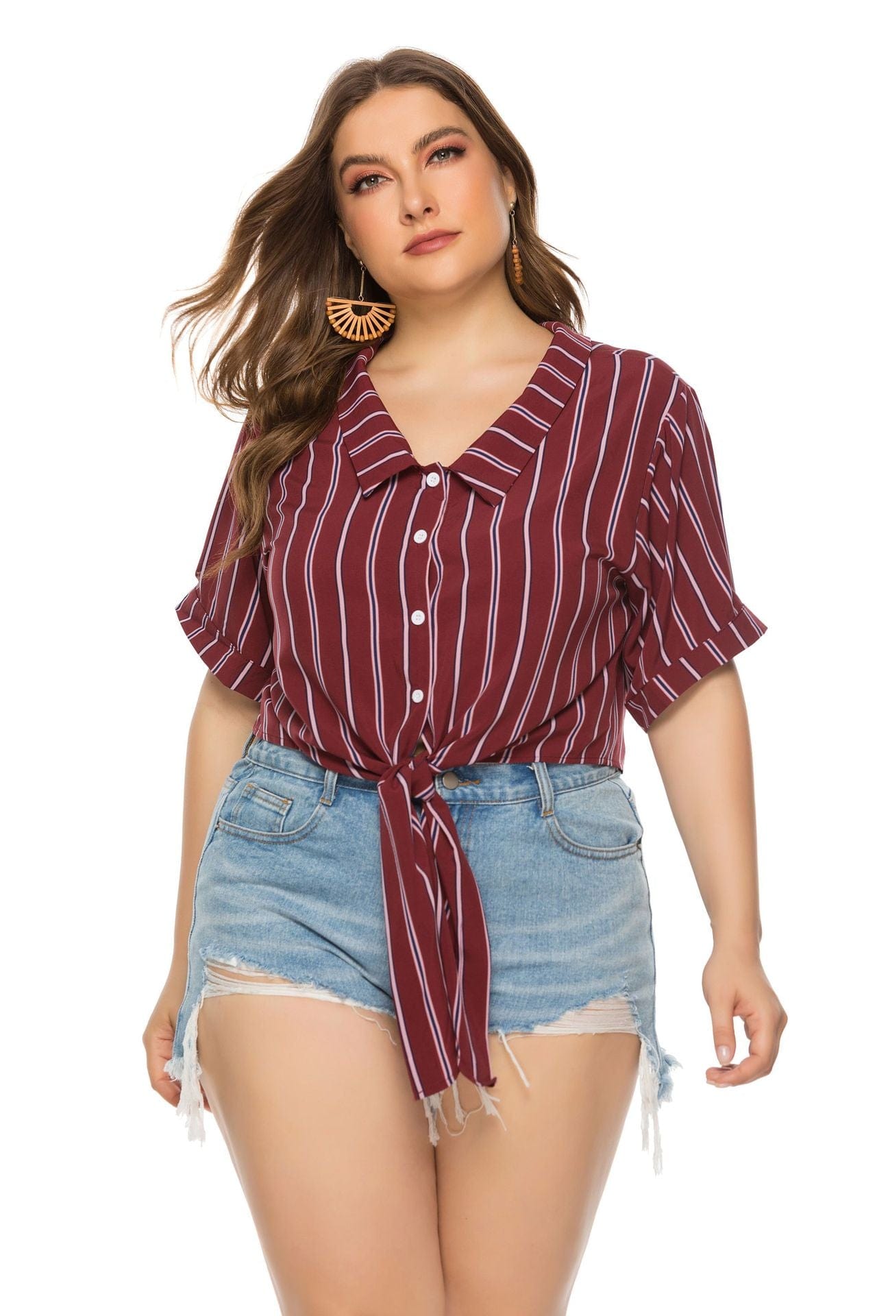 Plus Size Curvy Knot Hem Button Down Polo