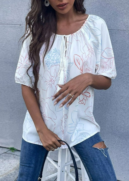 Tassel Tie Neck Floral Blouse