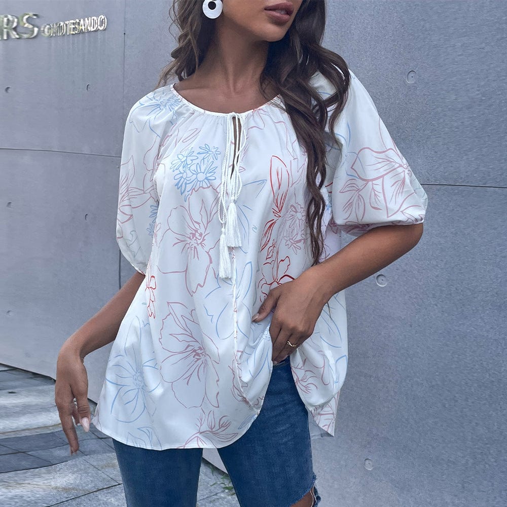 Tassel Tie Neck Floral Blouse