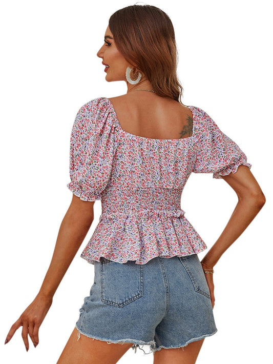 Floral Shirred Waist Peplum Top