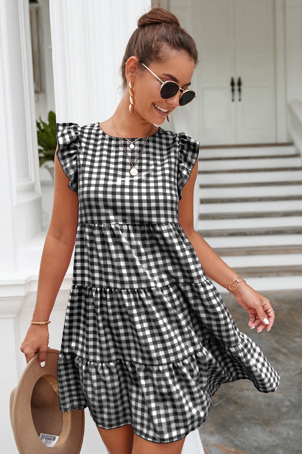 Gingham Print Ruffle Dress