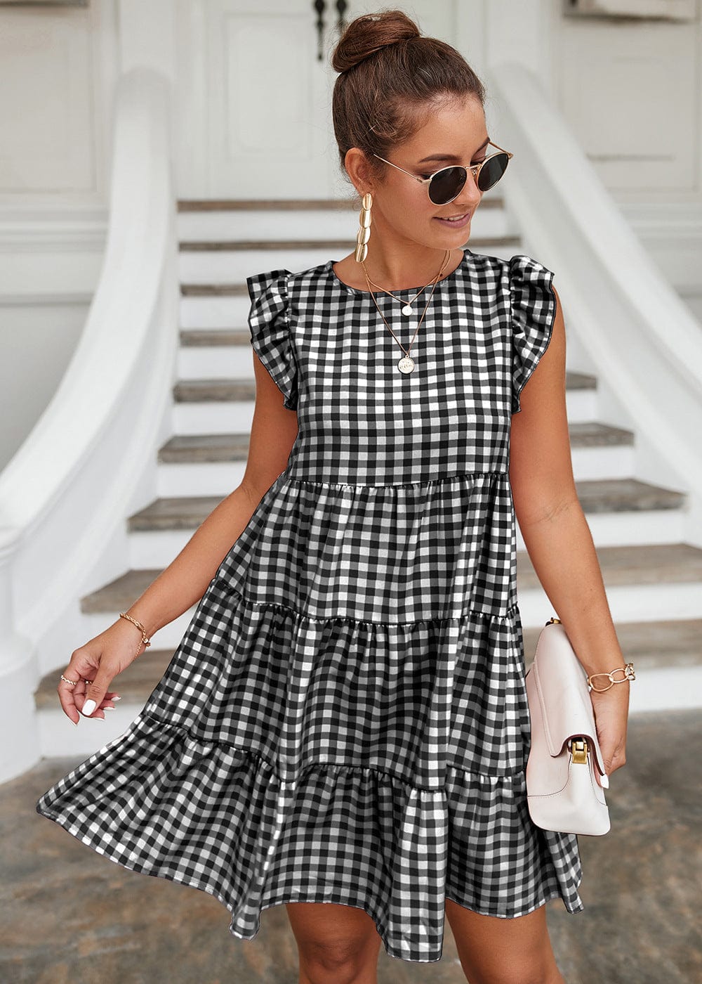 Gingham Print Ruffle Dress