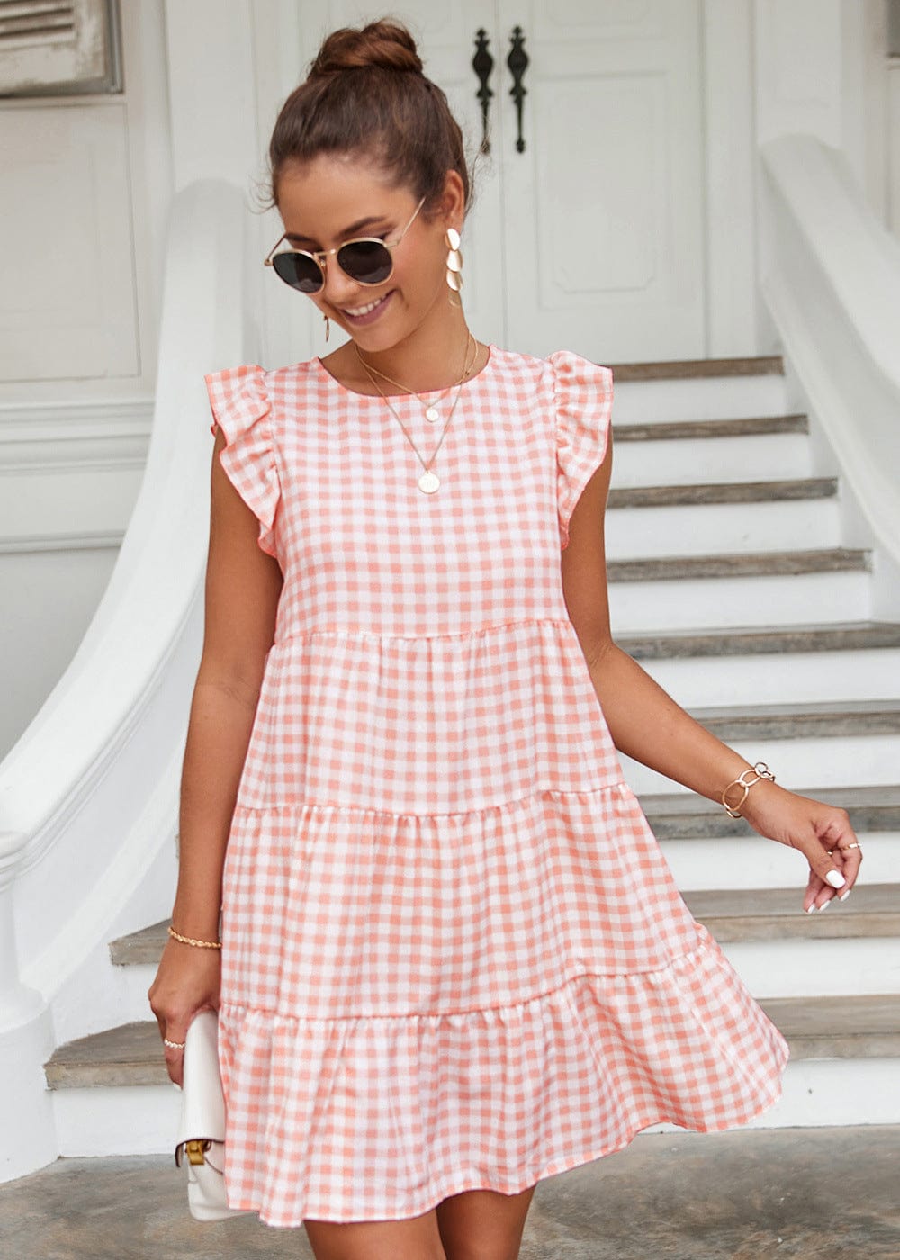 Gingham Print Ruffle Dress