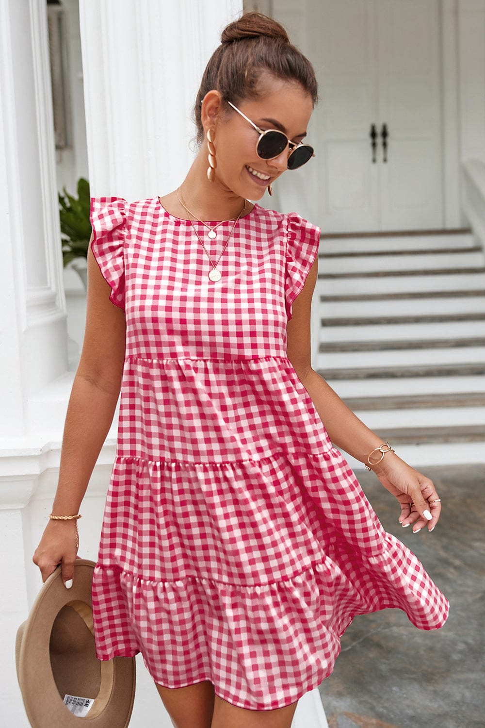 Gingham Print Ruffle Dress