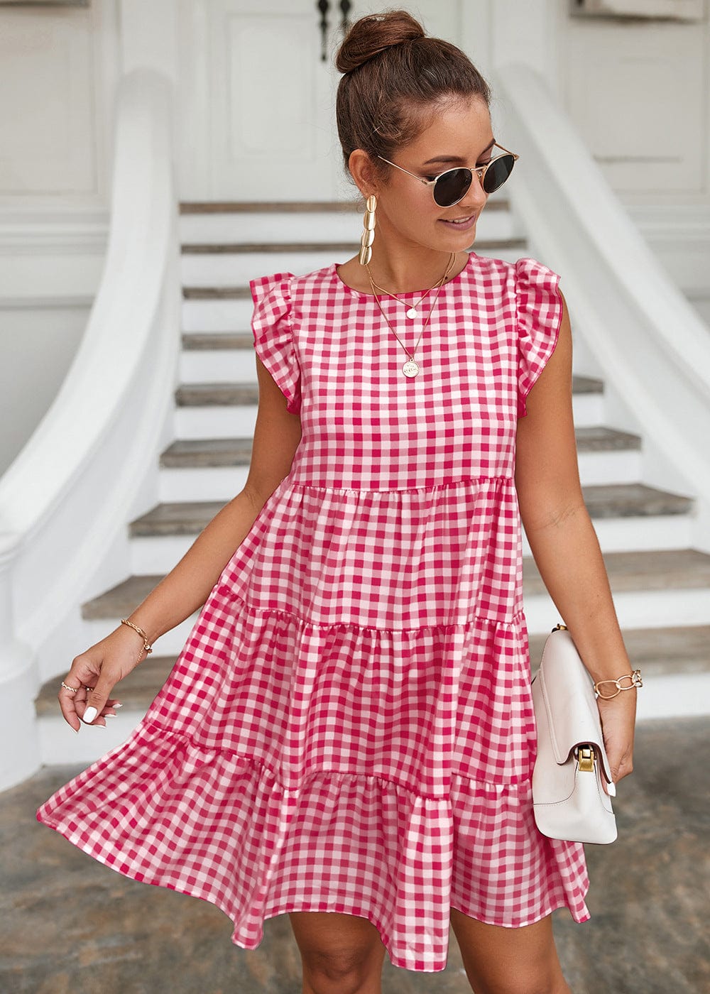 Gingham Print Ruffle Dress