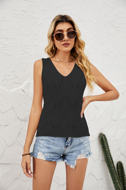 V Neck Pointelle Knit Top