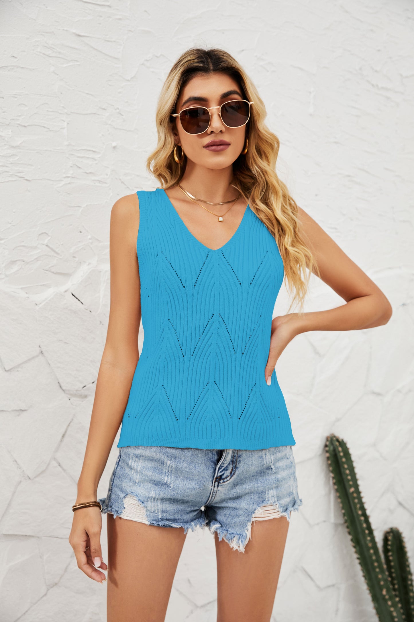 V Neck Pointelle Knit Top