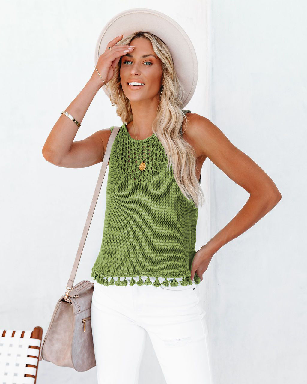 Net Detail Tassel Hem Top