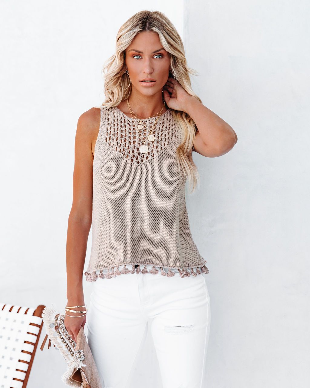 Net Detail Tassel Hem Top