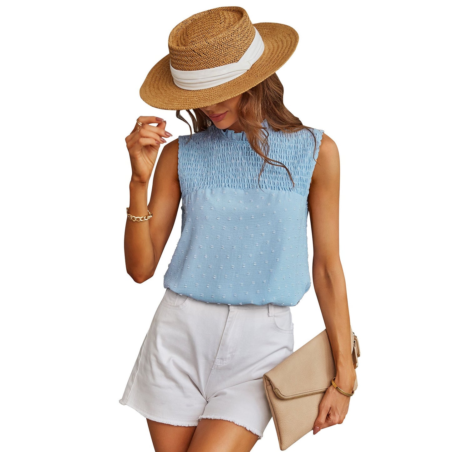 Shirred Front Ruffle Neck Blouse