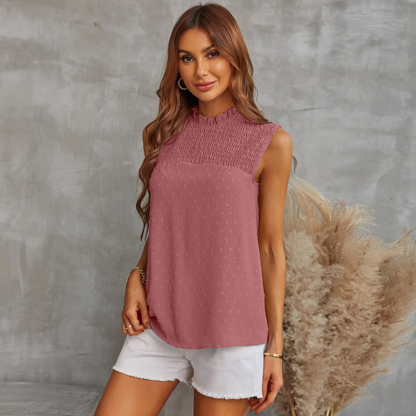 Shirred Front Ruffle Neck Blouse